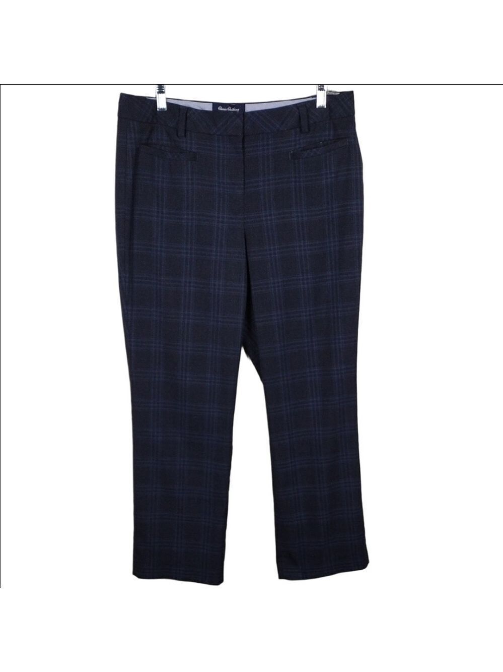 Lands' End Classic Clothing Navy Checked Plaid Zip Mid Rise Straight Leg Trouser